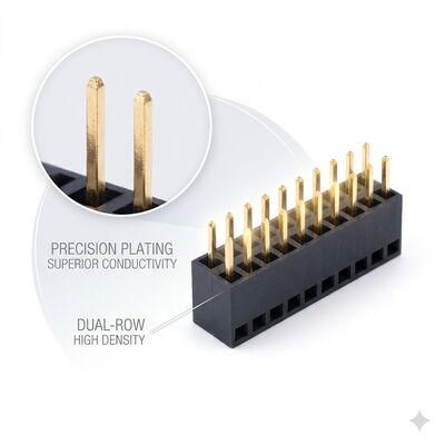 デュアルロウ 2.54MM ライトアングル メスヘッダー コネクタ 04P-80P ゴールドフラッシュ PA6T PCB スルーホール