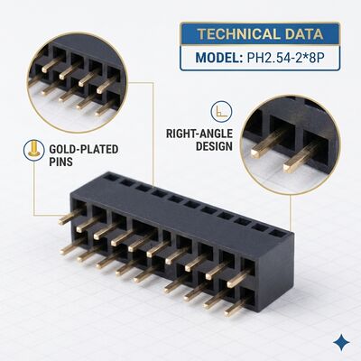 デュアルロウ 2.54MM ライトアングル メスヘッダー コネクタ 04P-80P ゴールドフラッシュ PA6T PCB スルーホール